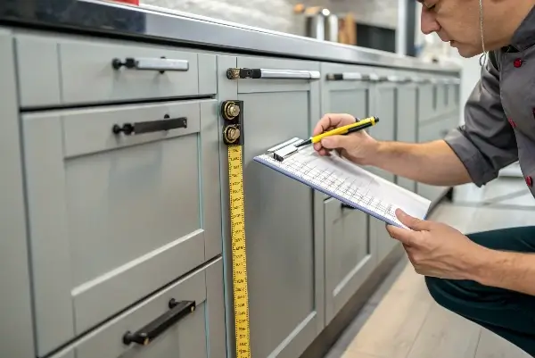 Cabinet quality control inspection at Veyra Luxe facility