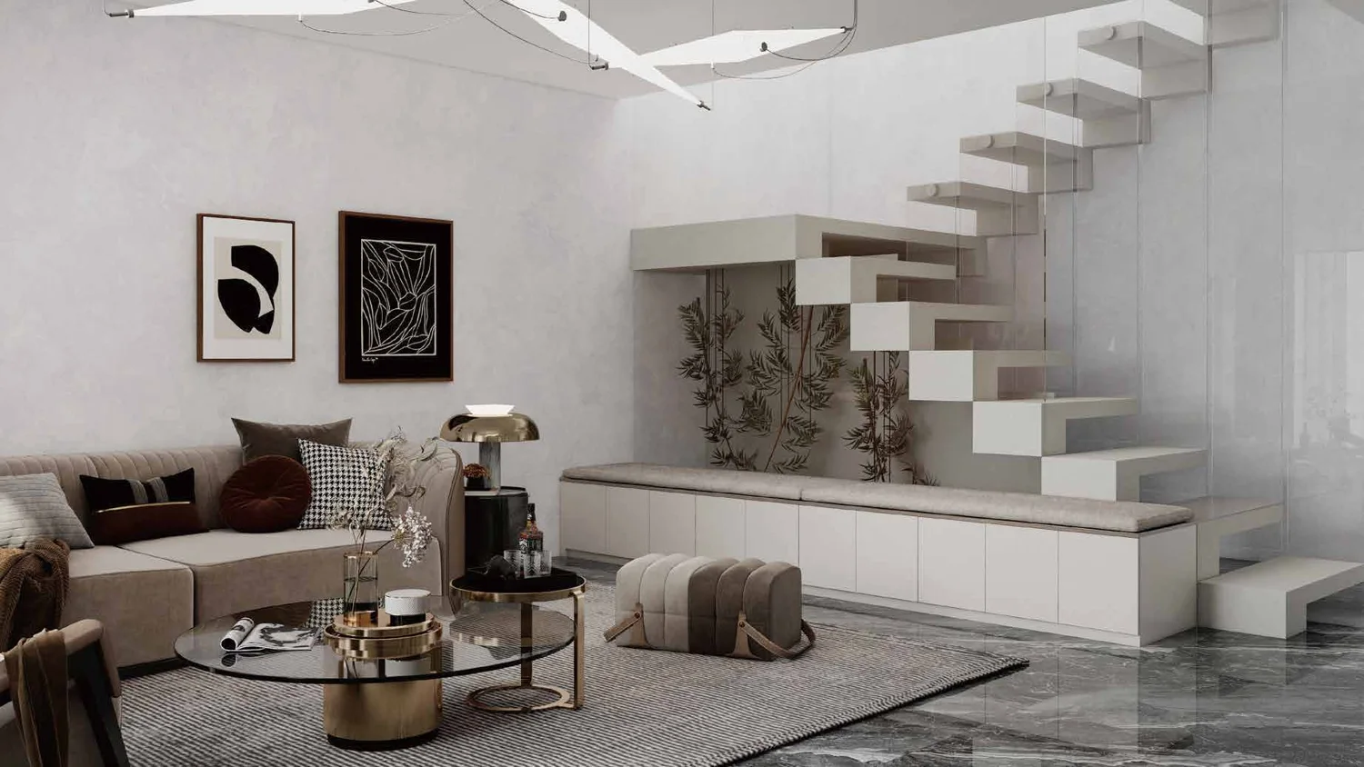 Fitted living-room storage beneath a staircase