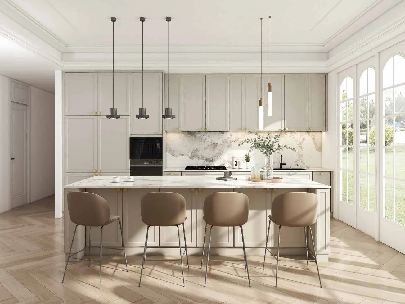 Cream kitchen cabinetry with a central island and full-height storage, product reference