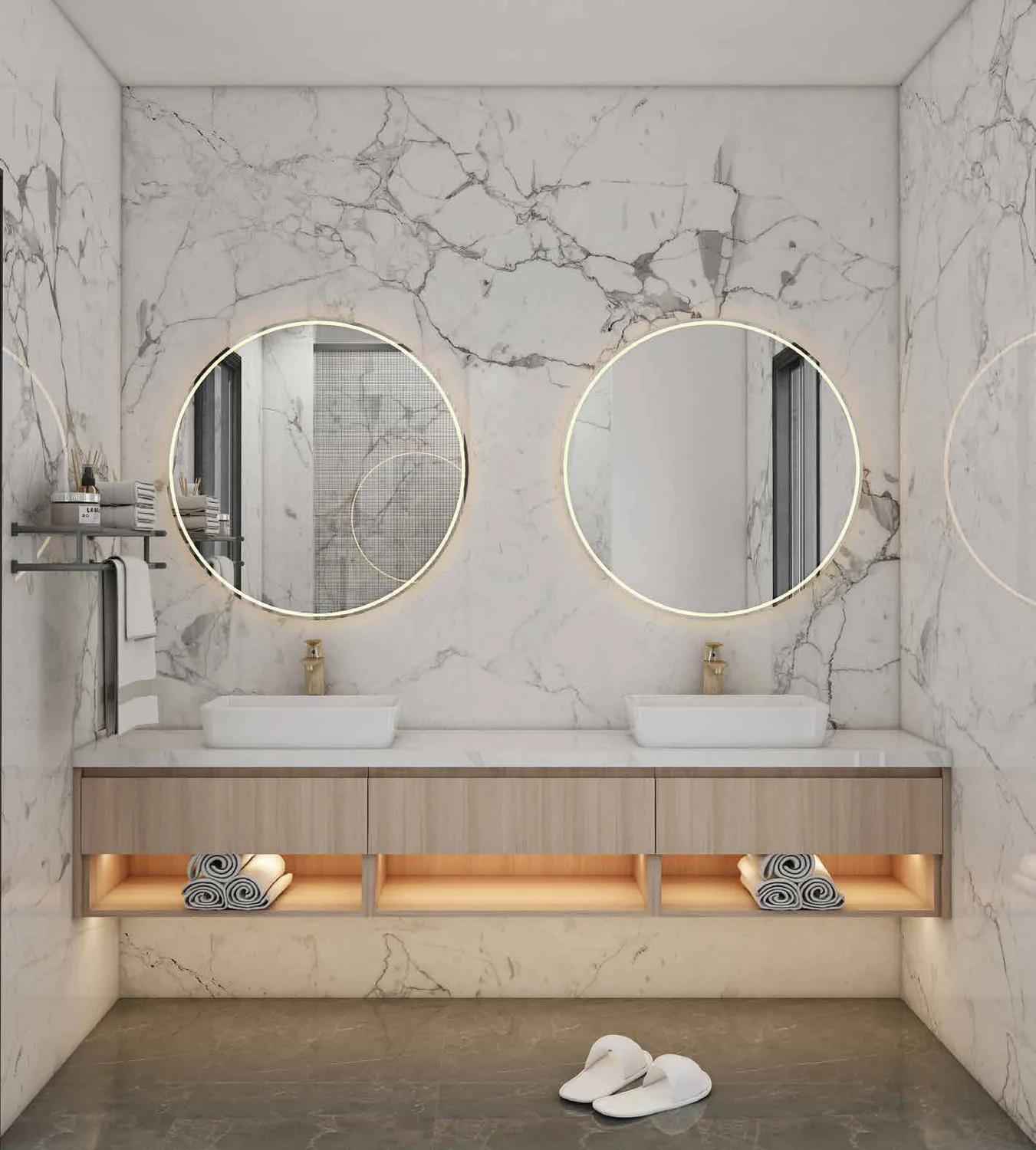Floating double vanity with timber cabinetry and open towel storage