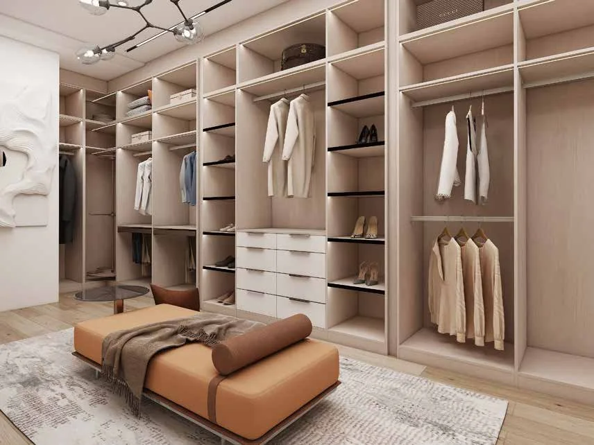 Walk-in closet with open shelves, hanging rails and drawers