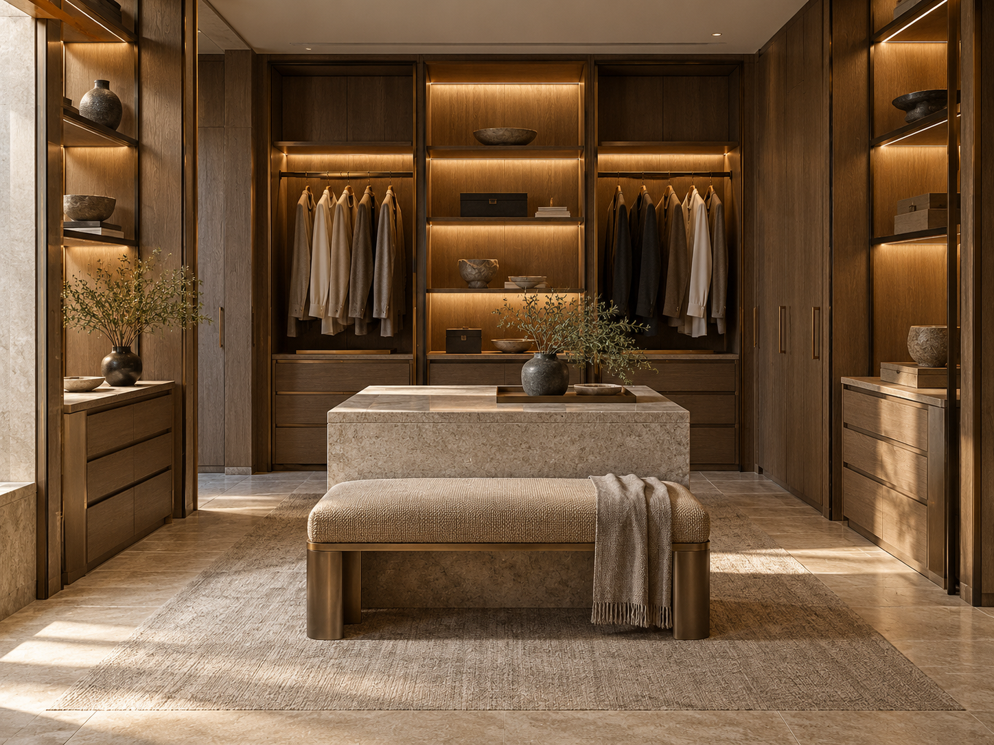 Concept visual of a warm timber walk-in wardrobe